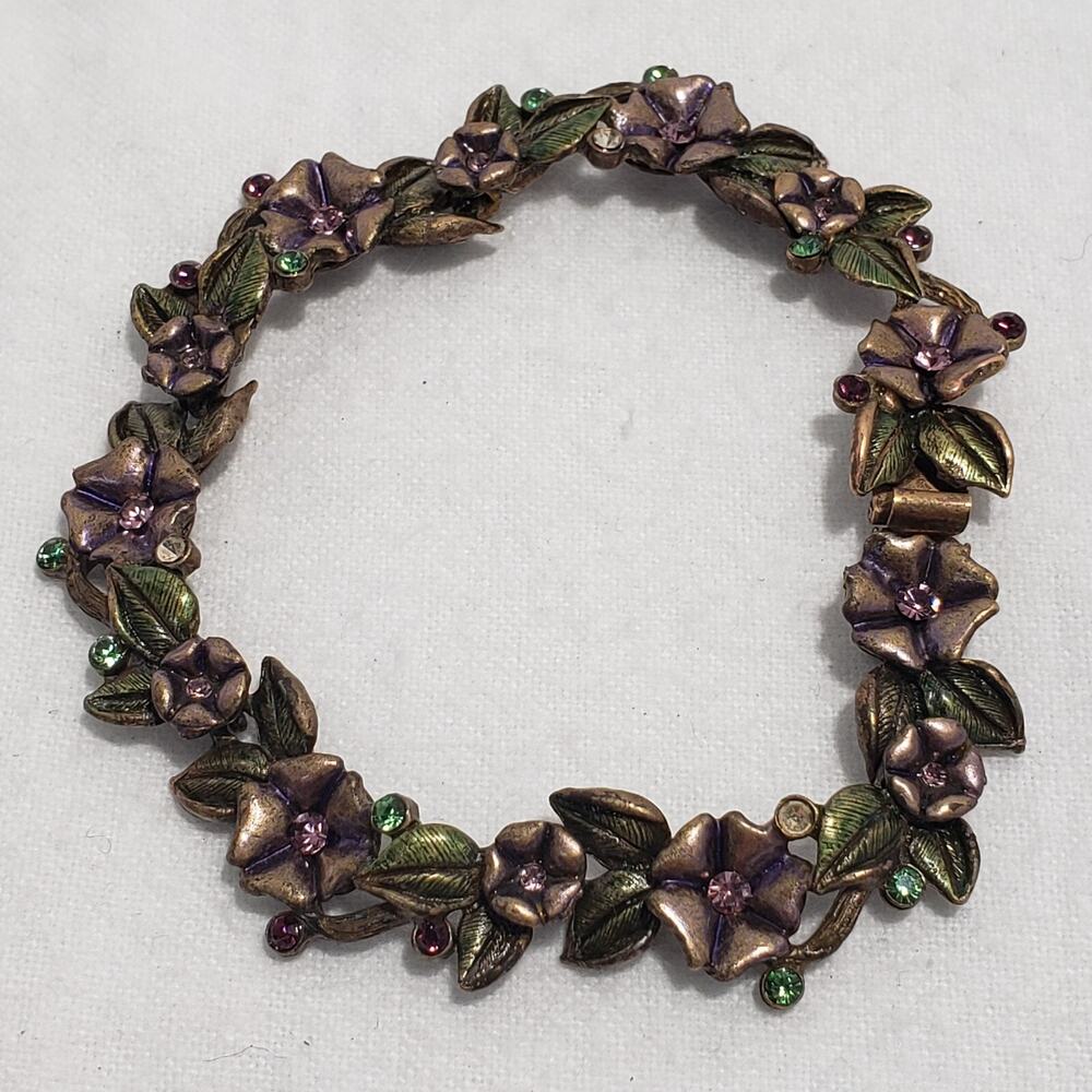 Vintage Sweet Romance USA Brass Rhinestones Cherry Bloosom Bracelet 7.5